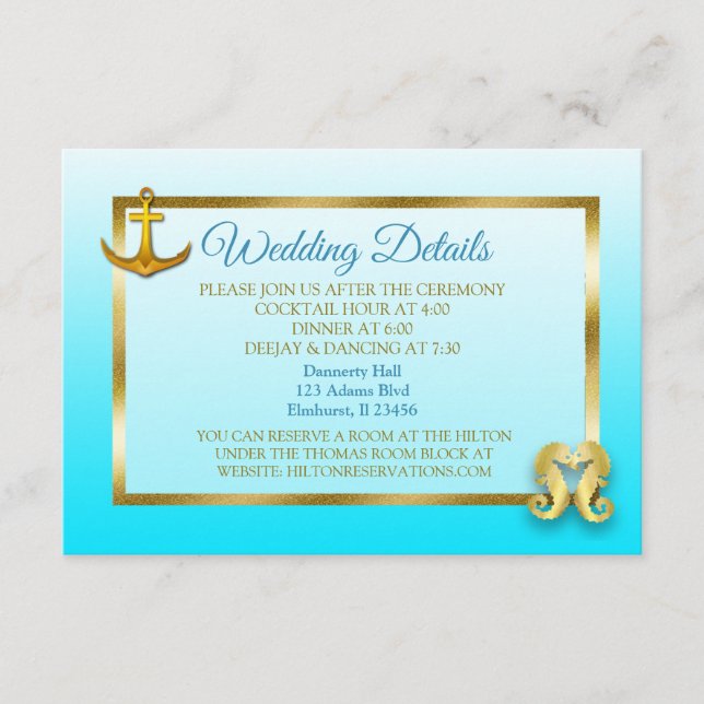 Tarjeta de detalles del Boda Náutico Azul y Oro (Anverso)