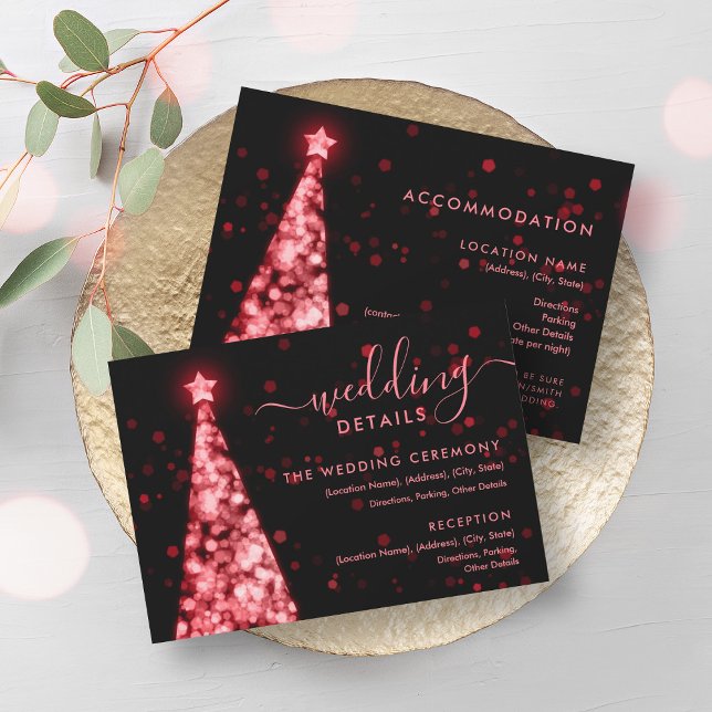 Tarjeta de detalles del Boda negro rojo del árbol  (Festive Xmas Tree Red Black Wedding Details Card)
