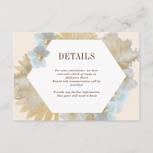 Tarjeta de detalles del Boda Orquídea Boho Pampas (Anverso)