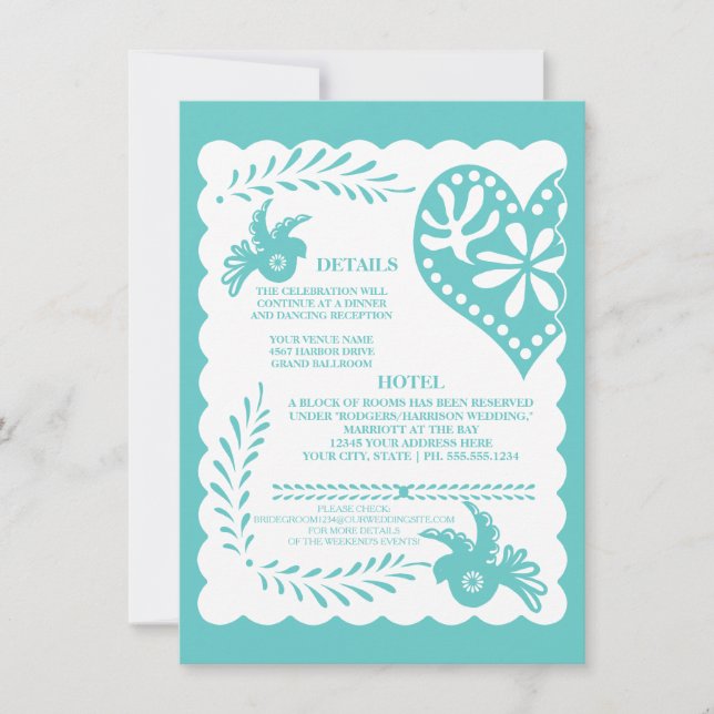 Tarjeta de detalles del Boda Papel Picado Mexicano (Anverso)