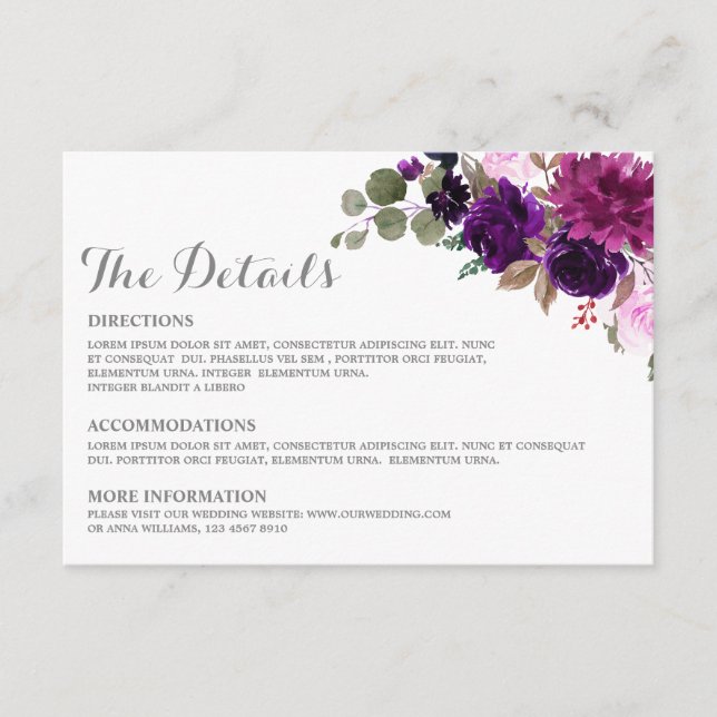 Tarjeta de detalles del Boda Purple Lavender Flora (Anverso)