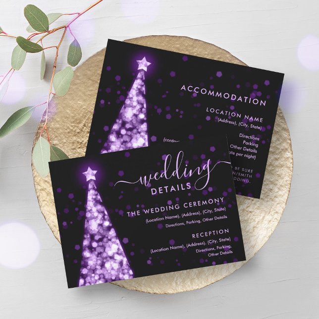 Tarjeta de detalles del Boda púrpura de árbol de n (Festive Xmas Tree Purple Wedding Details Card)