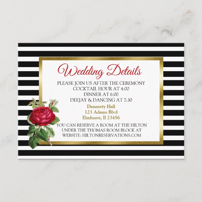 Tarjeta de detalles del Boda rayado negro y blanco (Anverso)