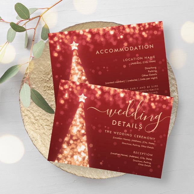 Tarjeta de detalles del Boda rojo dorado de árbol  (Festive Xmas Tree Gold Red Wedding Details Card)