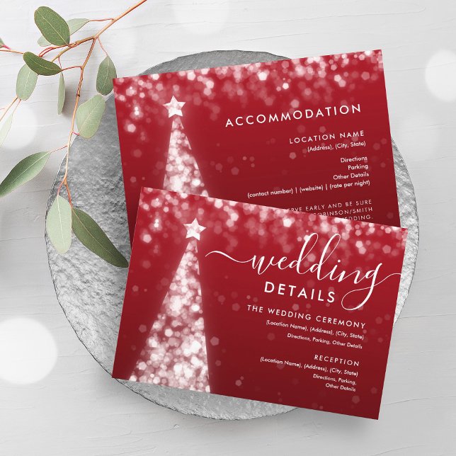 Tarjeta de detalles del Boda rojo plateado de árbo (Festive Xmas Tree Silver Red Wedding Details Card)