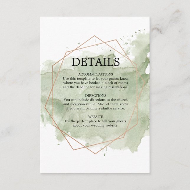Tarjeta de detalles del Boda Rosa Gold y Green Wat (Anverso)