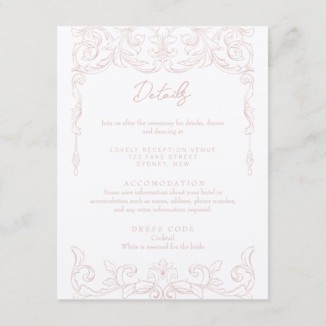 Tarjeta de detalles del Boda Rubor Pink Rococo (Anverso)