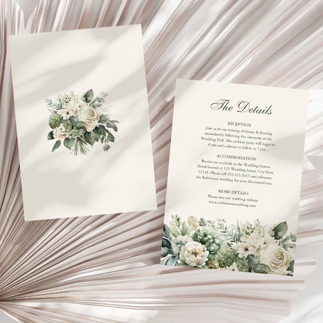 Tarjeta de detalles del Boda Sage Green & Ivory Fl (Sage Green & Ivory Flowers Wedding Details Card on a sunny white dry palm leaf.)