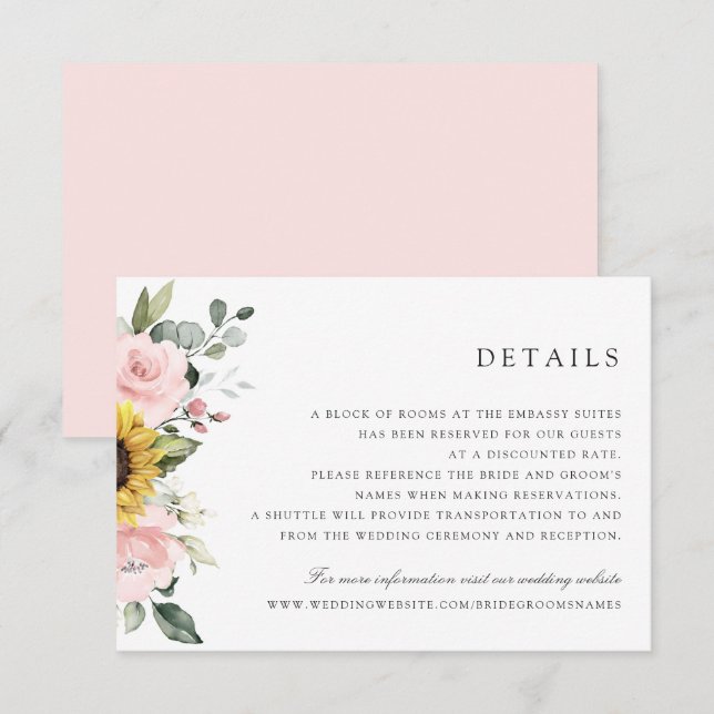 Tarjeta de detalles del Boda Sunflowers Rubor Gree (Anverso / Reverso)