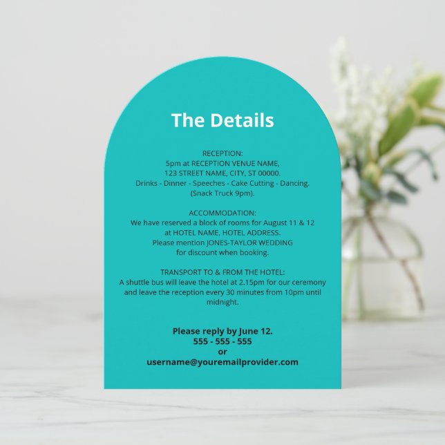 Tarjeta de detalles del Boda turquesa (Anverso de pie)