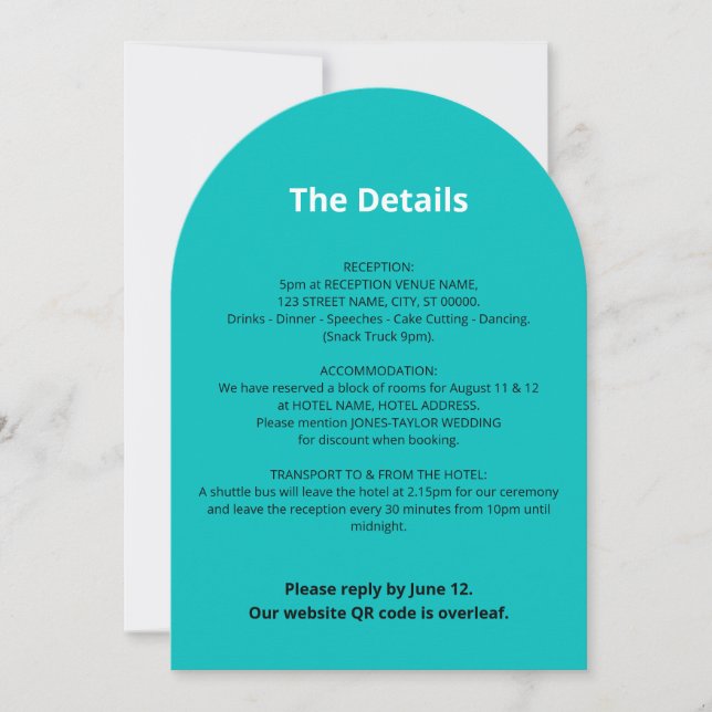 Tarjeta de detalles del Boda turquesa de código QR (Anverso)