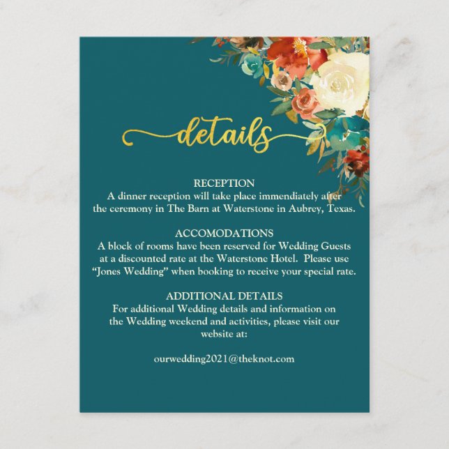 Tarjeta de detalles del boda - Verde azulado y Nar (Anverso)