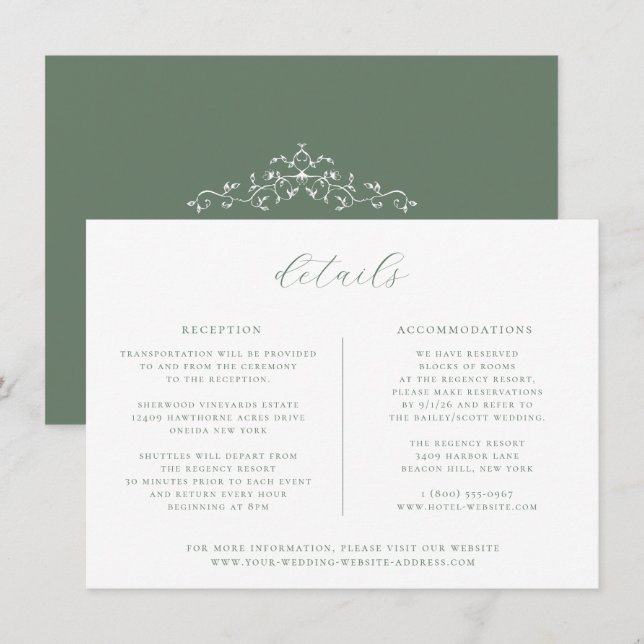 Tarjeta de detalles del Boda verde sabio minimalis (Anverso / Reverso)