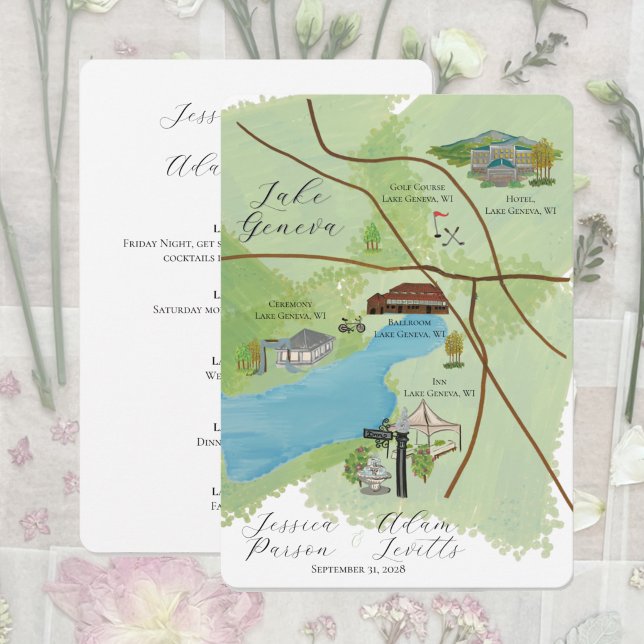 Tarjeta de detalles del mapa del fin de semana de  (Illustrated wedding map of the Lake Geneva area)