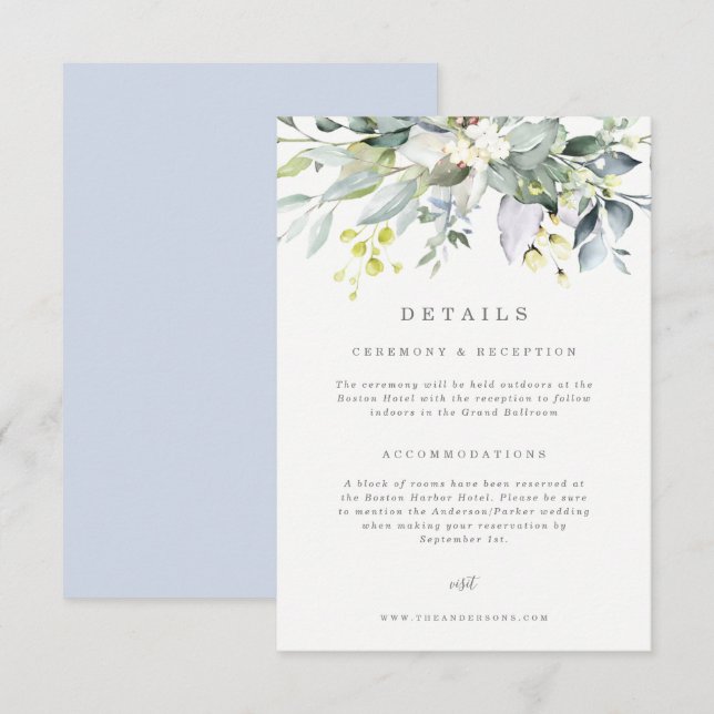 Tarjeta de detalles Dusty Blue Florals (Anverso / Reverso)