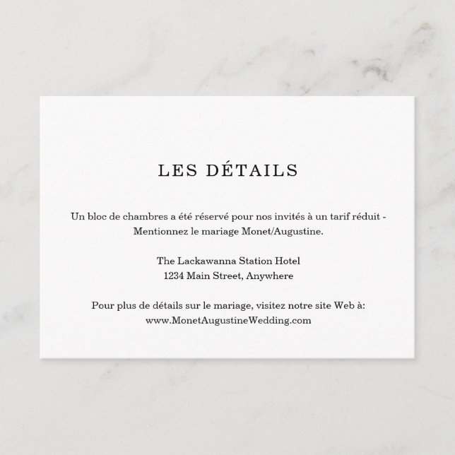 Tarjeta de detalles e información en francés (Anverso)