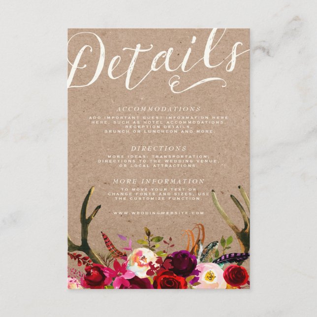 TARJETA DE DETALLES | Elegante Boho Floral Rustic  (Anverso)
