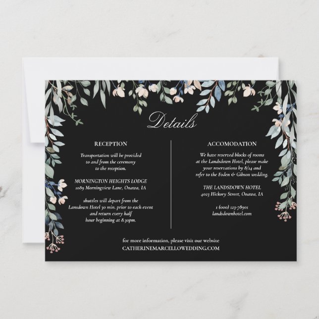 Tarjeta De Detalles Floral De Boda Blanco Y Negro (Anverso)