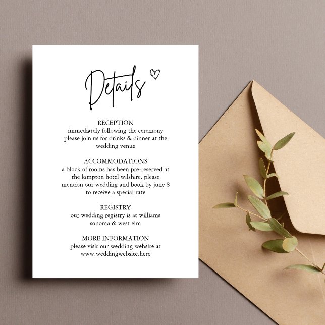 Tarjeta de Detalles Mínimos de Boda Adjunta (Minimal enclosure card shares wedding details with clean, understated elegance.)