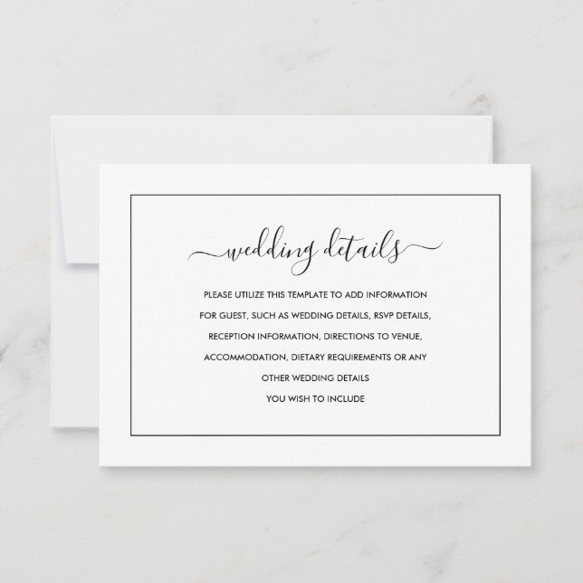 Tarjeta De Detalles Moderna De Boda Blanco Y Negro (Anverso)