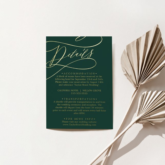 Tarjeta de detalles románticos de verde esmeralda  (Romantic Emerald Green and Gold Foil Details Card)