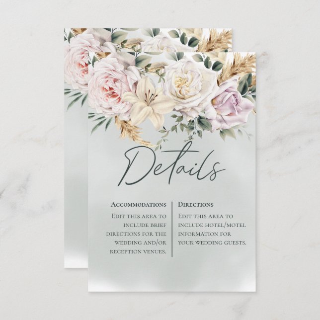 Tarjeta de detalles verde Boho Pampas y rosas rosa (Anverso / Reverso)