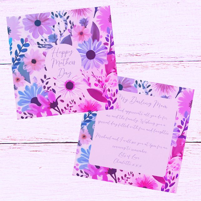 Tarjeta De Día de la Madre De Flores Rosa, Azul Y  (Front And Back)