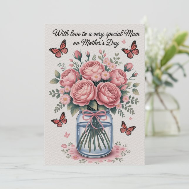 Tarjeta de Día de la Madre Mariposas Rosadas Flore (Anverso de pie)