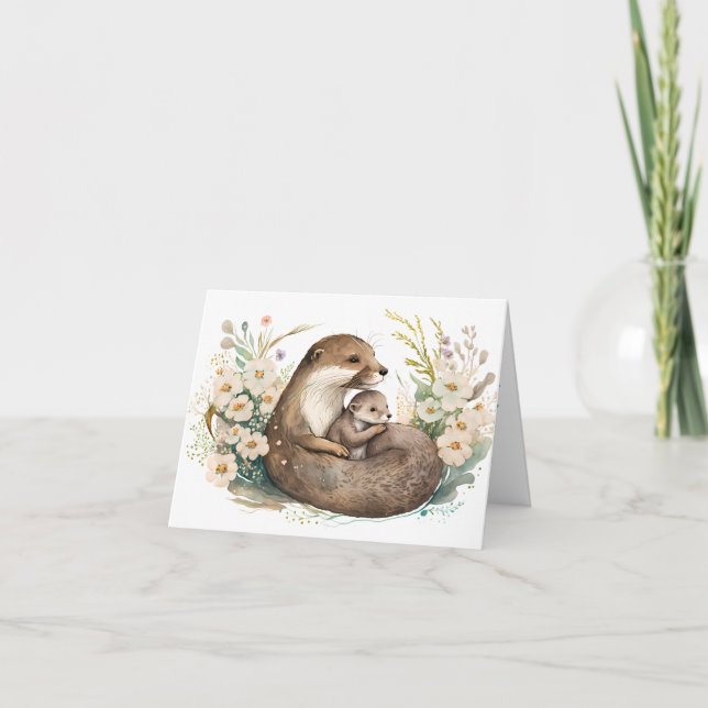 Tarjeta de Día de la Madre Otter para mamá y bebé (Anverso)