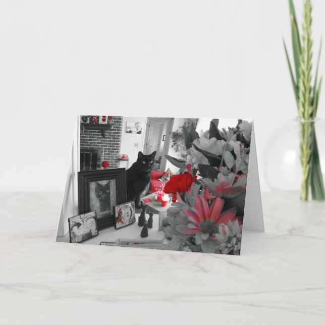 Tarjeta de Día de la Madre para Gato Negro y Flore (Anverso)