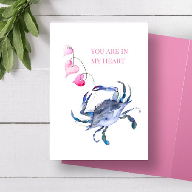 Tarjeta de Día de San Valentín de playa, cangrejo  (Valentine's Day card features unique watercolor art by Victoria Grigaliunas of Do Tell A Belle)