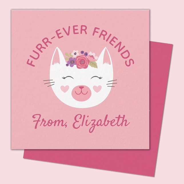 Tarjeta de Día de San Valentín Kids Kitty Face (A cute pink kitty face valentines day mini 2.5x2.5 card. Perfect for a kids classroom exchange.)