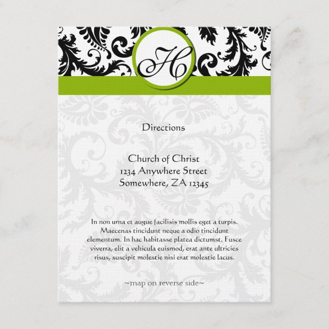 Tarjeta de dirección Monograma Negro Damask Swirl  (Anverso)