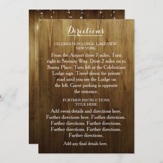 Tarjeta de Direcciones de Boda con Luces de Cuerda (Anverso / Reverso)