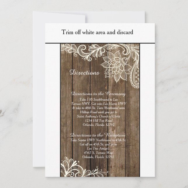 Tarjeta de Direcciones de Boda Rustic Wood Lace 3. (Anverso)