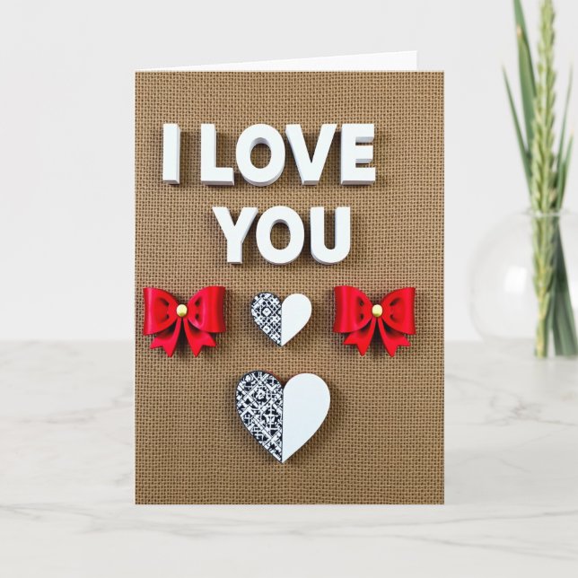 Tarjeta de diseño de arpillera 'Te amo' (Anverso)