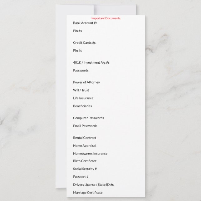 Tarjeta de documentos importantes (Anverso)