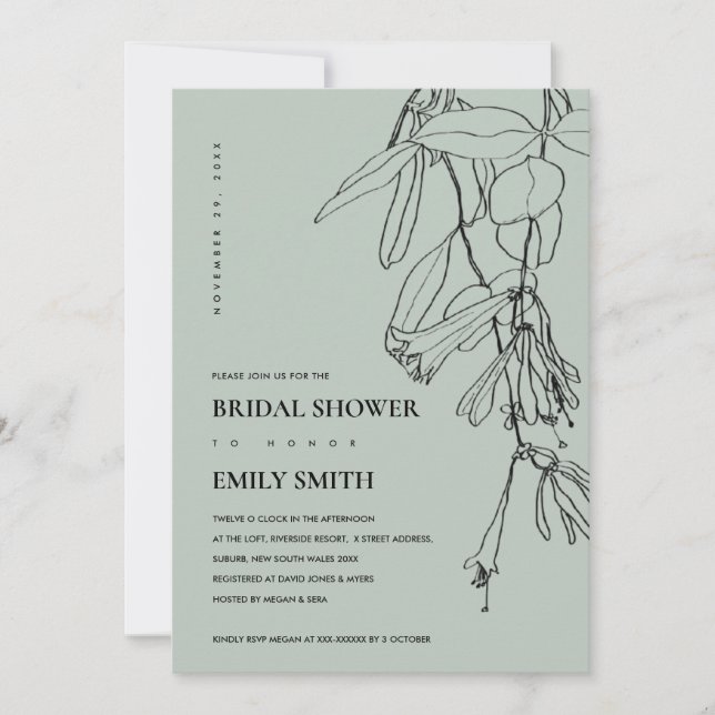 TARJETA DE DUCHA BRIDAL FLORAL DE LÍNEA GRIS MODER (Anverso)