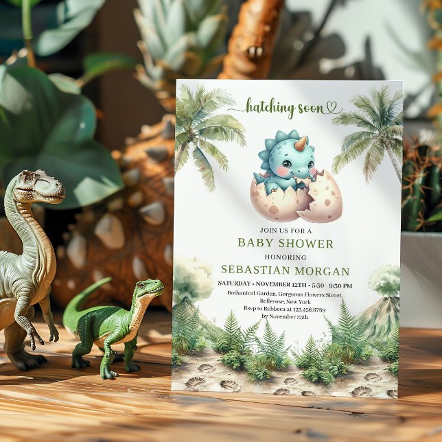 Tarjeta de ducha de Dino de acuarela de eclosión m (Modern Hatching Soon Watercolor Dino Shower Card)