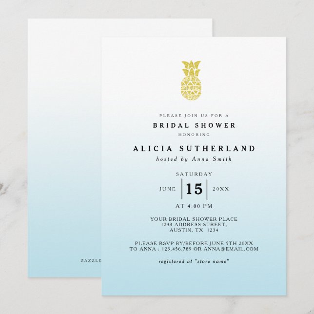 Tarjeta de ducha de novia Aqua Gold Purpurina Pine (Anverso / Reverso)