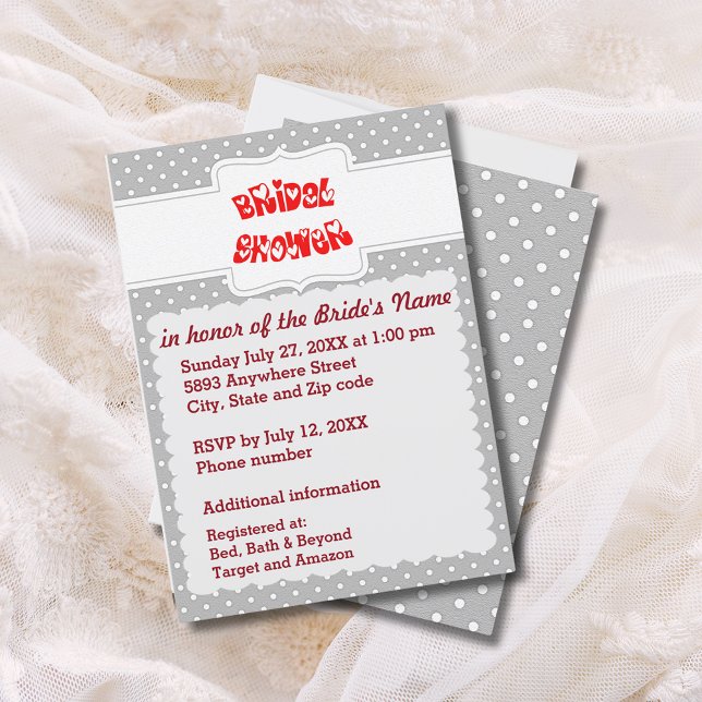 Tarjeta de ducha de novia con puntos de polka gris (Gray and White Polka Dots Heart Bridal Shower Card)