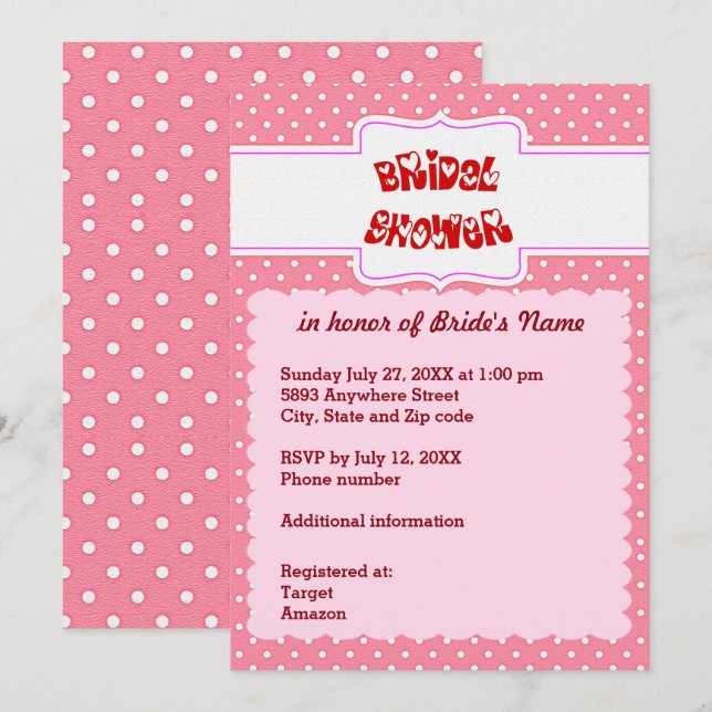 Tarjeta de ducha de novia con puntos de polka rosa (Anverso / Reverso)