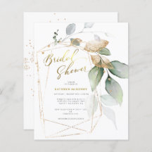 Tarjeta de ducha de novia dorada de eucalipto verd