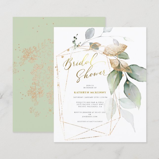 Tarjeta de ducha de novia dorada de eucalipto verd (Anverso / Reverso)