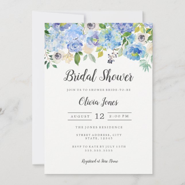 Tarjeta de ducha de novia floral azul moderna (Anverso)