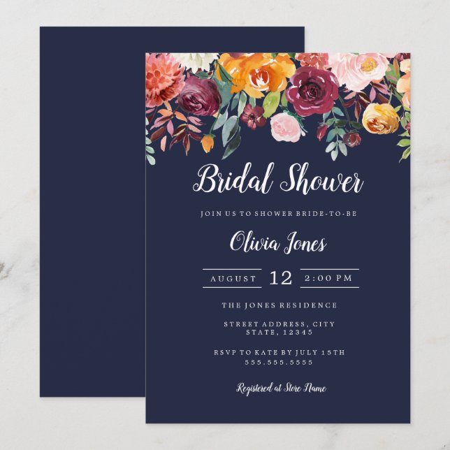 Tarjeta de ducha de novia floral de la marina acua (Anverso / Reverso)