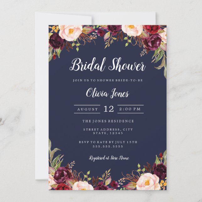 Tarjeta de ducha de novia floral de la Marina de B (Anverso)