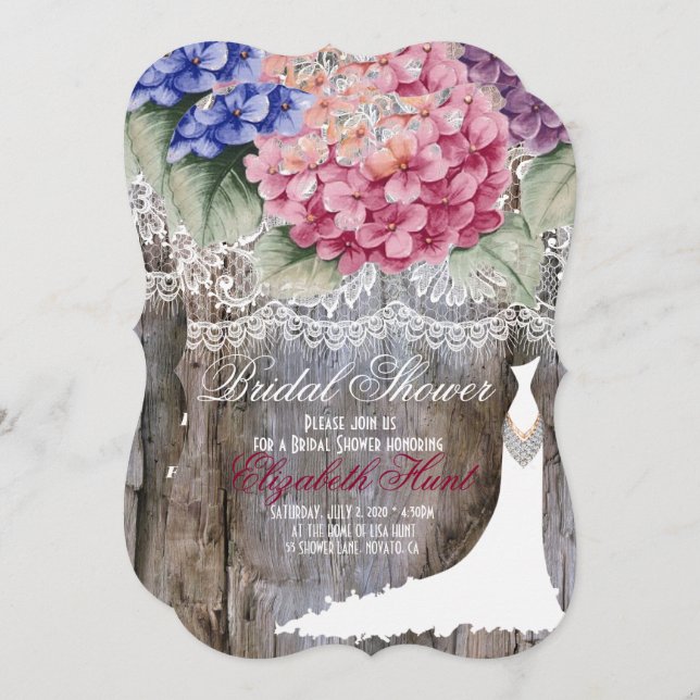 Tarjeta de ducha de novia Hydrangeas Lace & Barn W (Anverso / Reverso)