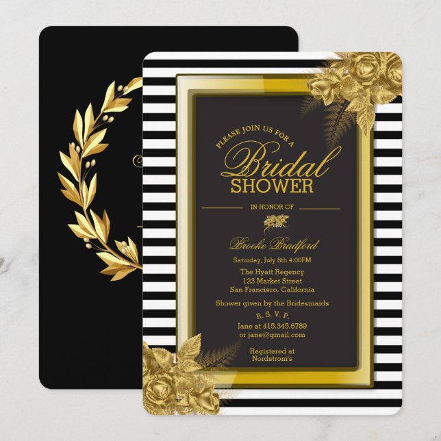 Tarjeta de ducha de Rosas de oro Art Deco y Stripe (Anverso / Reverso)