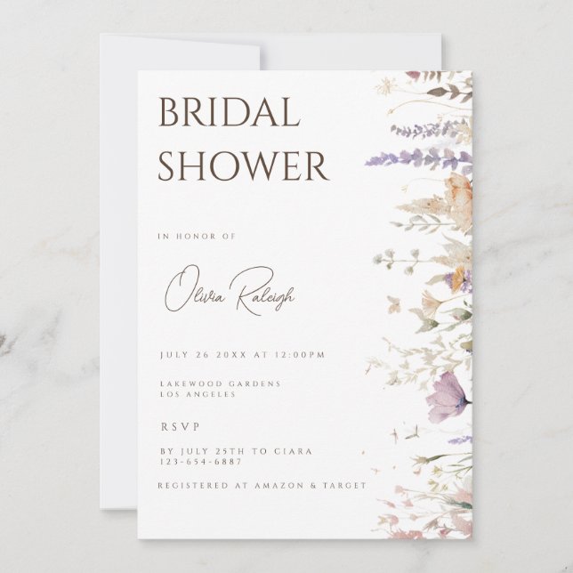 Tarjeta de ducha simple Boho Wildflower White Brid (Anverso)